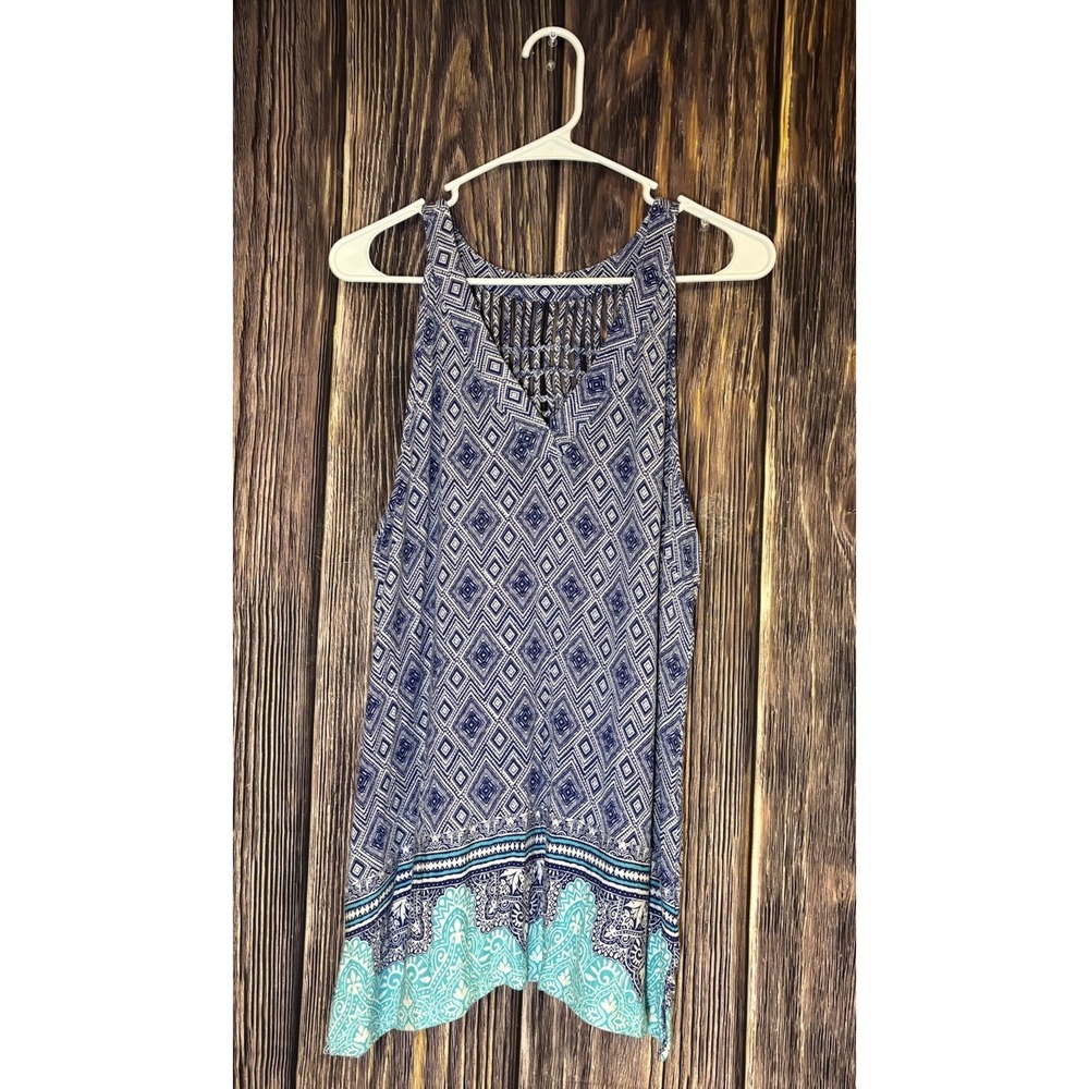 Skies Are Blue Tank Top Womens Large Blue Boho Sleeveless Lattice Back Festival